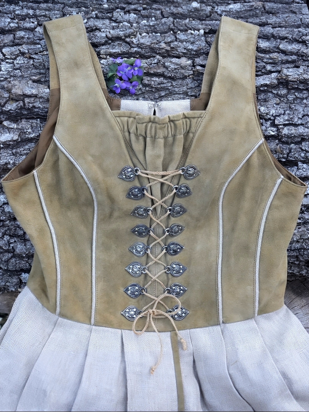 Vintage Tan Suede Dirndl Dress with Lace-up Corset, Medieval, Cottagecore